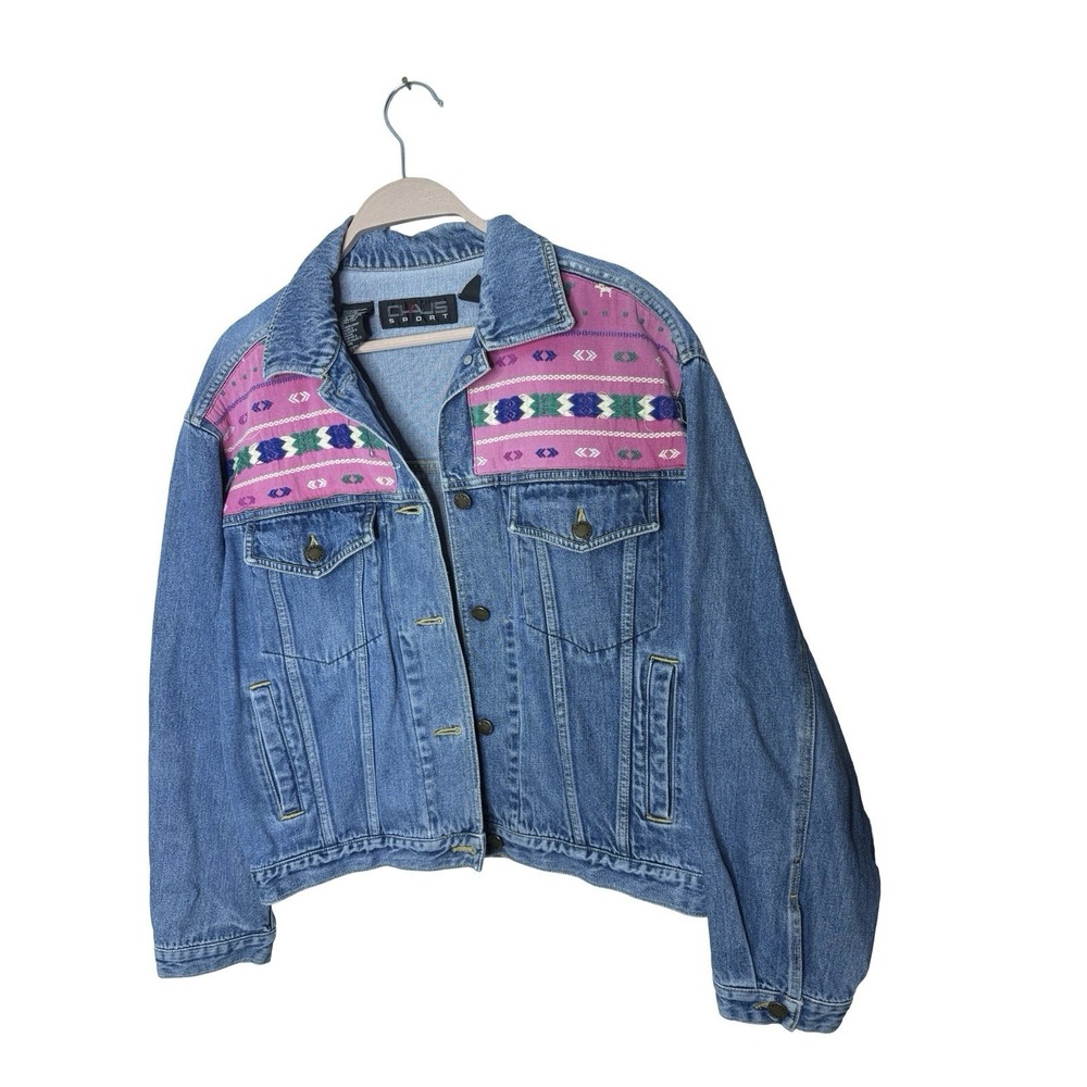 Chaus‎ Sport- Vtg Denim Jacket Women's S Embroidered Geometric Southwest 80s 90s
